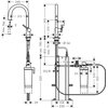 Schemat techniczny baterii HANSGROHE Aqittura M91 76800000 z filtrem Chrom, zawierający szczegółowe wymiary i oznaczenia montażowe, takie jak wysokości, średnice oraz kąty nachylenia. Widoczne są również oznaczenia dotyczące połączeń i elementów instalacy
