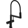 Czarna, matowa bateria kuchenna z wysokim, łukowatym wylewem i jednym uchwytem. Na podstawie baterii widoczne jest logo "hansgrohe".