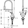Schemat techniczny baterii kuchennej z oznaczeniami wymiarów: wysokość całkowita 485 mm, odległość od wylewki do podstawy 212 mm, średnica otworu montażowego 34 mm, maksymalna grubość blatu 70 mm, długość wylewki 98 mm, przyłącze G 3/8.