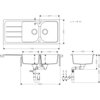 Schemat techniczny przedstawia zlewozmywak dwukomorowy z ociekaczem o wymiarach 50x116 cm, z oznaczeniami wymiarów w milimetrach. Widoczne są szczegóły dotyczące średnic otworów oraz głębokości komór, a także rysunki boczne i górne zlewozmywaka.