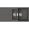 Zlewozmywak półtorakomorowy z ociekaczem w kolorze kamiennej szarości, z dwoma odpływami i wyraźnie widocznym logo "HANSGROHE" pomiędzy komorami. Produkt ma prostokątny kształt z jedną większą i jedną mniejszą komorą oraz powierzchnię ociekacza z rowkami.