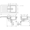 Schemat techniczny zlewozmywaka półtorakomorowego z ociekaczem, oznaczonego jako HANSGROHE S52 43357290, w kolorze kamiennej szarości o wymiarach 50x100 cm, z widocznymi wymiarami i średnicami elementów. Na rysunku znajdują się szczegółowe wymiary poszcze