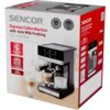 Pudełko ekspresu do kawy marki SENCOR z modelem SES 4060BK, zawiera zdjęcie urządzenia oraz teksty: "Espresso Coffee Machine with Auto Milk Frothing", "Auto Milk Frothing Function", "Thermoblock System", "20 Bar Pump Pressure". Na opakowaniu widoczne są r