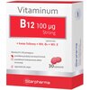Opakowanie suplementu diety "Vitaminum B12 100 μg Strong" zawiera informacje o składnikach: kwas foliowy, witamina B6 i witamina E, oraz wskazania dotyczące wspomagania produkcji czerwonych krwinek i funkcjonowania układu nerwowego. Na opakowaniu widnieje