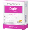 Opakowanie suplementu diety z napisem "Vitaminum D3+K2 Strong" oraz informacją "D3 2000 j.m. + K2 50 µg" na różowym tle. Na dole opakowania znajduje się logo "Starpharma" oraz informacja o zawartości 30 kapsułek, a także tekst o właściwościach witamin D i