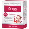 Opakowanie suplementu diety "Żelazo Strong" marki Starpharma, zawierające 30 kapsułek, z napisem "Wspomaga produkcję hemoglobiny" oraz informacją o składnikach: żelazo, witamina C i korzeń czerwonego buraka. Na opakowaniu znajduje się również okrągła graf
