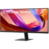 Monitor LG UltraWide z napisem "LG UltraWide Monitor" na ekranie, wyświetlający kolorowe, abstrakcyjne wstęgi. Monitor ma cienkie ramki i stoi na prostokątnej podstawie.