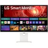 Monitor LG Smart 37U730SA-W 37" wyświetla interfejs systemu webOS z widocznymi aplikacjami takimi jak Netflix, Prime Video, Disney+, YouTube oraz Apple TV. Na ekranie znajdują się także kategorie: Home Office, Games, Music, Home Hub i Sports, a poniżej se