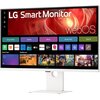Monitor LG Smart 37U730SA-W 37" wyświetla interfejs systemu webOS z widocznymi aplikacjami, takimi jak Netflix, Prime Video, Disney+, YouTube oraz ikonami kategorii: Home Office, Games, Music, Home Hub, Sports. Na ekranie znajdują się również sekcje "Rece