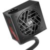 Czarny zasilacz komputerowy z widocznym wentylatorem i logo smoka na kratce, z boku napis "REDRAGON Guard 750W 80 Plus Bronze". Z urządzenia wychodzi wiązka czarnych kabli.