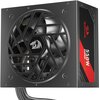 Czarny zasilacz komputerowy z widocznym wentylatorem i logo smoka na kratce. Na boku zasilacza znajduje się czerwony napis: "REDRAGON 550W GUARD BRONZE".