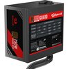 Zasilacz komputerowy z widocznym logo "Redragon" oraz oznaczeniami "80 Plus Bronze" i "750W". Na etykiecie znajdują się specyfikacje techniczne, takie jak AC Input 100-240V, DC Output dla różnych napięć oraz maksymalna moc wyjściowa 750W.
