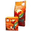 Na zdjęciu widoczne są opakowania produktu "Morning Bird Oro Harmony" z kolorowym wizerunkiem ptaka na pomarańczowym tle. Na opakowaniu znajduje się tekst: "Single Origin Morning Bird Oro Harmony" oraz symbol 10 kapsułek.