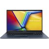 Na zdjęciu znajduje się laptop z kolorowym ekranem, na którym widnieje napis "ASUS Vivobook". Klawiatura jest widoczna poniżej ekranu, a na obudowie znajduje się logo "ASUS Vivobook".