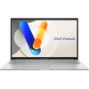 Srebrny laptop z otwartym ekranem, na którym widoczna jest kolorowa grafika z napisem "ASUS Vivobook". Klawiatura jest pełnowymiarowa, a na obudowie pod ekranem znajduje się logo "ASUS Vivobook".