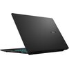 Czarny laptop z logo ASUS na pokrywie, widoczny z boku, z podświetlaną klawiaturą w kolorze niebieskim. Urządzenie ma smukłą konstrukcję i widoczne porty po boku.