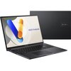 Laptop z otwartym ekranem i widoczną klawiaturą, na ekranie wyświetla się kolorowa grafika z napisem "ASUS Vivobook". Obok laptopa znajduje się jego zamknięta pokrywa z logo "ASUS Vivobook".