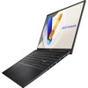 Laptop ASUS Vivobook z otwartym ekranem, na którym widnieje kolorowa grafika i napis "ASUS Vivobook". Klawiatura jest pełnowymiarowa, a obudowa ma ciemny kolor.