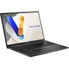 Na zdjęciu widoczny jest otwarty laptop z wyświetlaczem, na którym znajduje się kolorowa grafika oraz napis "ASUS Vivobook". Klawiatura jest pełnowymiarowa, a na obudowie poniżej ekranu widnieje logo "ASUS".