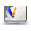 Na zdjęciu widoczny jest laptop z otwartym ekranem, na którym wyświetlany jest kolorowy wzór z napisem "ASUS Vivobook". Klawiatura jest srebrna, a na dolnej ramce ekranu znajduje się logo "ASUS Vivobook".