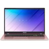 Na zdjęciu widoczny jest laptop z różową obudową i czarną klawiaturą, na ekranie wyświetla się gradientowe tło w odcieniach niebieskiego i fioletowego z subtelnymi wzorami. Na dolnej ramce ekranu znajduje się logo "ASUS".