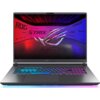 Laptop z otwartym ekranem wyświetlającym kolorową grafikę z napisem "ROG STRIX" oraz logo producenta. Klawiatura jest podświetlana w różnych kolorach.