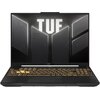 Laptop z otwartym ekranem, na którym widoczna jest grafika z dużym napisem "TUF" oraz mniejszymi napisami "TUF GAMING" i "THE ULTIMATE FORCE". Klawiatura jest podświetlona na żółto, a na obudowie znajduje się logo producenta.
