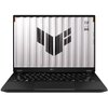 Laptop z otwartym ekranem, na którym widoczny jest wzór z logo i napisem "TUF STAY TOUGH". Klawiatura jest podświetlona, a na obudowie znajduje się logo "ASUS".