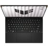 Czarny laptop z widoczną klawiaturą QWERTY i dużym touchpadem, na ekranie znajduje się logo z trzema pionowymi paskami oraz napis "TUF".