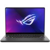 Na zdjęciu znajduje się laptop z wyświetlaczem OLED, na którym widoczny jest kolorowy, abstrakcyjny wzór z logo ROG. Klawiatura jest podświetlona, a obudowa ma ciemny kolor.