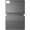 Szare etui na tablet z klawiaturą, widoczne w pozycji otwartej. Klawiatura zawiera standardowy układ klawiszy z dodatkowymi funkcjami multimedialnymi.