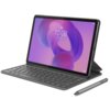 Na zdjęciu znajduje się szare etui z klawiaturą do tabletu IdeaTab Lenovo, ustawione w pozycji stojącej. Obok leży szary rysik, a na ekranie tabletu widoczna jest godzina 10:08 oraz data "Fri, Feb 24".