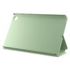 Zielone etui na tablet w formie stojaka, z otworem na aparat w górnym rogu. Etui ma gładką powierzchnię i jest ustawione w pozycji umożliwiającej podparcie tabletu.