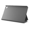 Szare etui na tablet ustawione w pozycji stojącej, z otworem na kamerę i wycięciami na przyciski. Produkt ma gładką powierzchnię i minimalistyczny design.