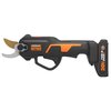 Czarny sekator akumulatorowy z pomarańczowymi akcentami, oznaczony napisem "WORX NITRO" oraz "20V Power Share 2.0Ah". Sekator posiada widoczne ostrze i mechanizm zębatkowy.