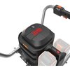 Na zdjęciu widoczna jest część wiertnicy glebowej z napisem "BRUSHLESS MOTOR" na obudowie oraz oznaczeniem "40V" na boku. Widać również uchwyt z przełącznikiem oznaczonym "HI", "LOW", "REV" oraz dwa akumulatory z logo producenta.
