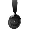 Czarne, nauszne słuchawki bezprzewodowe z widocznym logo SteelSeries na nauszniku. Słuchawki posiadają elementy sterujące oraz mikrofon.