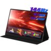Monitor z wyświetlaczem o przekątnej 16,1 cala, rozdzielczości 1920x1080 pikseli, częstotliwości odświeżania 144Hz i czasie reakcji 3 ms, z widocznymi oznaczeniami: "IPS", "500", "100% sRGB" oraz "HDR". Tło ekranu jest czerwone z dynamicznymi, świetlnymi 