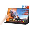 Na zdjęciu widoczny jest monitor z wyświetlanym obrazem samochodu wyścigowego, a obok niego znajdują się napisy: "120Hz-144Hz", "16INCH", "TOUCH SCREEN", "2.5K 2560*1600P", "VESA Easy installation", "100% SRGB", "HDR". Na obudowie monitora widnieje logo "