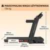 Na zdjęciu znajduje się bieżnia elektryczna z oznaczeniami wymiarów: szerokość 88 cm, wysokość 153 cm, długość 186 cm, wysokość 20 cm. W górnej części widnieje napis "MAKSYMALNA WAGA UŻYTKOWNIKA 136 kg".