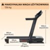 Na zdjęciu znajduje się bieżnia elektryczna z oznaczeniami wymiarów: 80 cm szerokości, 20 cm wysokości, 171 cm długości oraz 143 cm wysokości. W górnej części widnieje napis "MAKSYMALNA WAGA UŻYTKOWNIKA 136 kg".