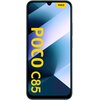 Smartfon z dużym ekranem, na którym widoczny jest gradientowy wzór w odcieniach niebieskiego i szarego, z żółtym napisem "POCO C85" oraz małym żółtym prostokątem z napisem "POCO" w górnej części.