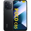Na zdjęciu widoczny jest czarny smartfon z dużym ekranem, na którym wyświetlony jest napis "POCO C85" w żółtym kolorze. Obok ekranu znajduje się tył urządzenia z widocznym logo "POCO" oraz modułem aparatu z napisem "50MP AI Camera".