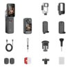 Na zdjęciu znajduje się zestaw akcesoriów do kamery sportowej, w tym sama kamera z obrotowym ekranem, wodoodporna obudowa, różne uchwyty, kabel USB, smycz, oraz inne elementy montażowe. Na ekranie kamery widoczny jest obraz kobiety, a na urządzeniu znajduje się logo "SJCAM".