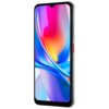 Smartfon z dużym, kolorowym wyświetlaczem, na którym widoczne są dynamiczne, abstrakcyjne wzory w odcieniach niebieskiego, różowego i pomarańczowego. Obudowa urządzenia jest szara z czerwonym przyciskiem z boku.