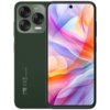 Na zdjęciu widoczny jest zielony smartfon z dużym ekranem, na którym wyświetlany jest kolorowy, abstrakcyjny wzór. Na tylnej obudowie znajdują się trzy aparaty fotograficzne oraz napisy: "50MP AI Camera" i "ZTE CE Model: ZTE 248".