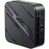 Czarny komputer z widocznym logo "Blackview" oraz napisem "MADE BY BLACKVIEW" na obudowie, posiadający różne porty, w tym HDMI, DP, LAN i USB. Obudowa ma geometryczne wzory i subtelne, kolorowe akcenty.
