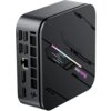 Czarny komputer o nowoczesnym designie z widocznymi portami USB, LAN, DP, HDMI oraz zasilania. Na obudowie znajduje się napis "MADE BY BLACKVIEW" oraz logo "Blackview" z kolorowym akcentem.