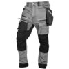 Spodnie robocze w stylu denim z licznymi kieszeniami i wzmocnieniami na kolanach, wykonane z materiału w odcieniach szarości i czerni. Produkt posiada dodatkowe kieszenie na narzędzia po bokach.