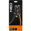 Na zdjęciu znajduje się narzędzie do ściągania izolacji marki NEO TOOLS, model 01-565, umieszczone na czarno-pomarańczowym tle z widocznym logo "NEO TOOLS". Na opakowaniu widnieją napisy: "200 mm", "0,03-10 mm²", "SIZE ADJUSTMENT" oraz "neo-tools.com".